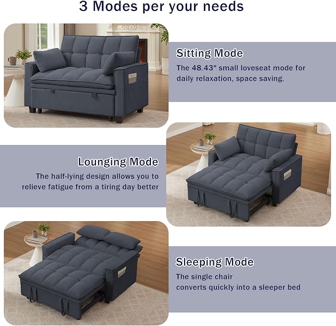 Sleeper Sofa with Pull Out Couch Bed, 48.43" Convertible Pull-Out Sofa Bed Chair, 3-in-1 Futon Couch with Reclining Backrest and Side Pockets for Living Room Bedroom Apartment, Dark Grey