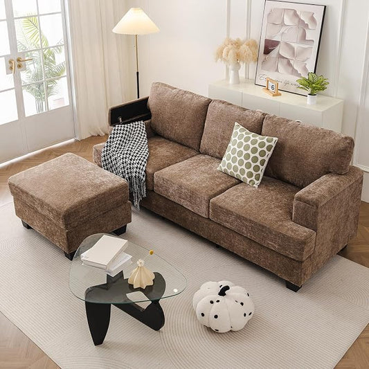 Rexulqo 85'' L Shaped Couch with Armrest Organizer,3 Seats Sofas with Movable Ottoman,Comfy Sectional Sofa with Thick Cushion,Sectional Couches for Living Room,Bedroom,Apartment,Chenille,Brown
