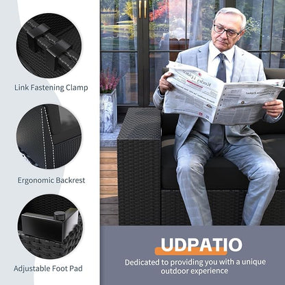 UDPATIO Patio Furniture Set with Fire Pit Table, Outdoor Wicker Conversation Set with 8'' Wide Armrests, Patio Sectional Sofa Set for Backyard, Deck, Black Cushions