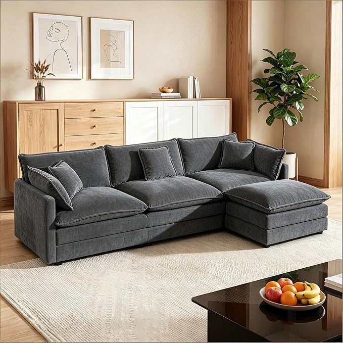 111.5" Modular Sectional Sofa, Large L Shaped Sectionals Cloud Couch, Big Comfy 3-Seat Couch with Ottoman, 4 Seater Chenille Sectional Sofa with Deep Seat and 5 Pillows for Living Room- Grey