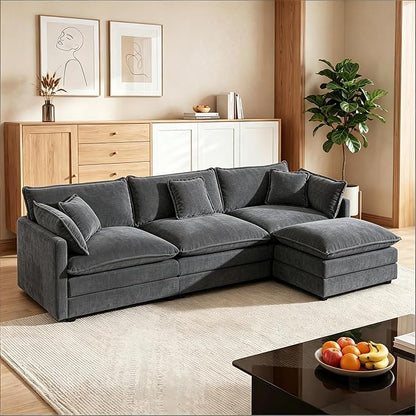 111.5" Modular Sectional Sofa, Large L Shaped Sectionals Cloud Couch, Big Comfy 3-Seat Couch with Ottoman, 4 Seater Chenille Sectional Sofa with Deep Seat and 5 Pillows for Living Room- Grey