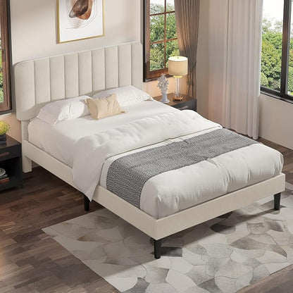VECELO Queen Size Bed Frame with Upholstered Headboard, Velvet Platform Bedframe Mattress Foundation, Strong Wood Slat Support, No Box Spring Needed,Velvet Beige