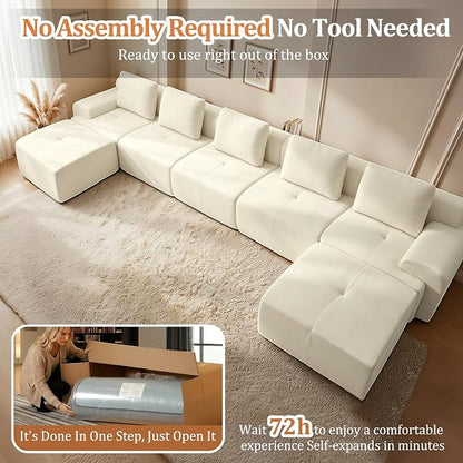 196" U Shaped Oversized Boneless Couch, Comfort Cloud Sectional Couches for Living Room, Modular Sofa High Back & Extra Deep Seat, No Assembly, Chenille(Warm White, 196 inch-U Shaped（5+2）)