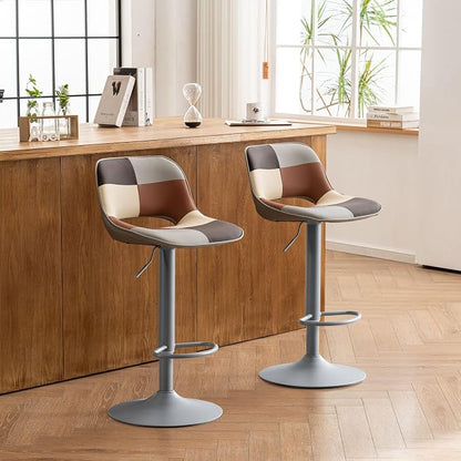 YOUNIKE Bar Stools Set of 2, Boho Colorful Patchwork Faux Leather Barstools, Adjustable Swivel Counter Height Bar Stool Upholstered Counter Stools with Hollow Back for Kitchen Island, GreyBeige