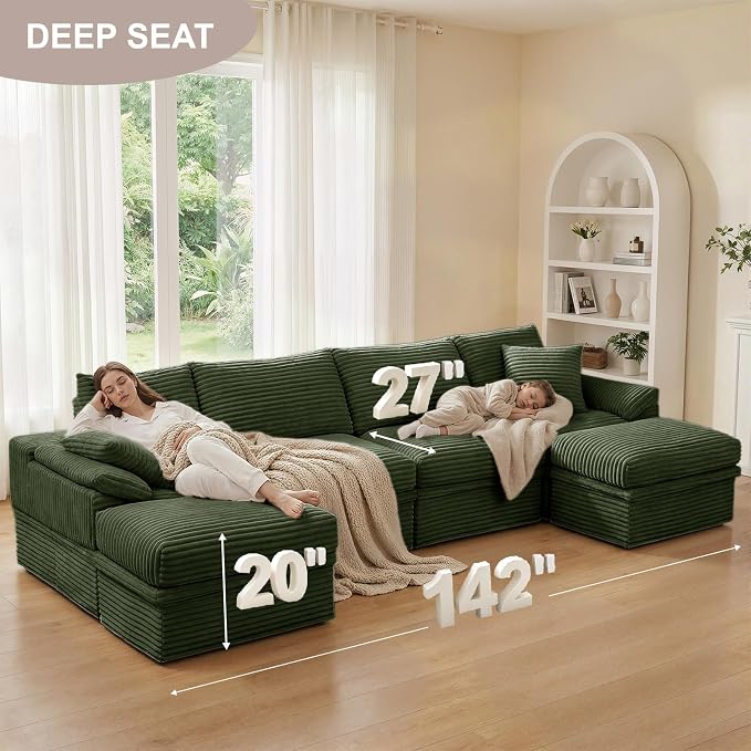 142" Modular U-Shaped Sectional Sofa with Storage, 4-Seat Corduroy Boneless Couch, 27" Deep Seat Cloud Couch & 2 Movable Ottoman, Tool-Free Assembly, Couch for Living Room, Green
