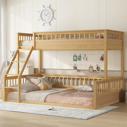 RUNNA Twin XL Over Queen Bunk Bed, Detachable, Ladder, Natural | Twin XL over queen bunk bed, detachable design, ladder, guardrails, solid wood frame, no box spring needed, rustic natural