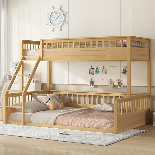 RUNNA Twin XL Over Queen Bunk Bed, Detachable, Ladder, Natural | Twin XL over queen bunk bed, detachable design, ladder, guardrails, solid wood frame, no box spring needed, rustic natural