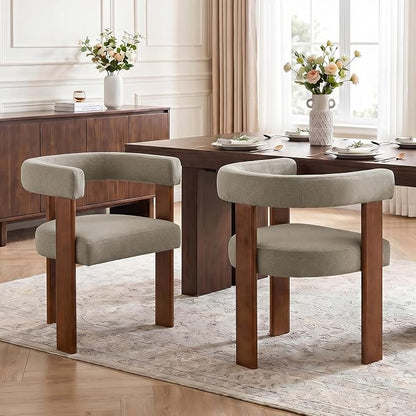 Usaint Wooden Barrel Dining Chairs Set of 6, Mid-Century Modern Upholstered Dining Room Chairs with Walnut Wood Legs and Loop Back, Comfy Accent Arm Chair for Dining Room, Kitchen, Living Room, Brown