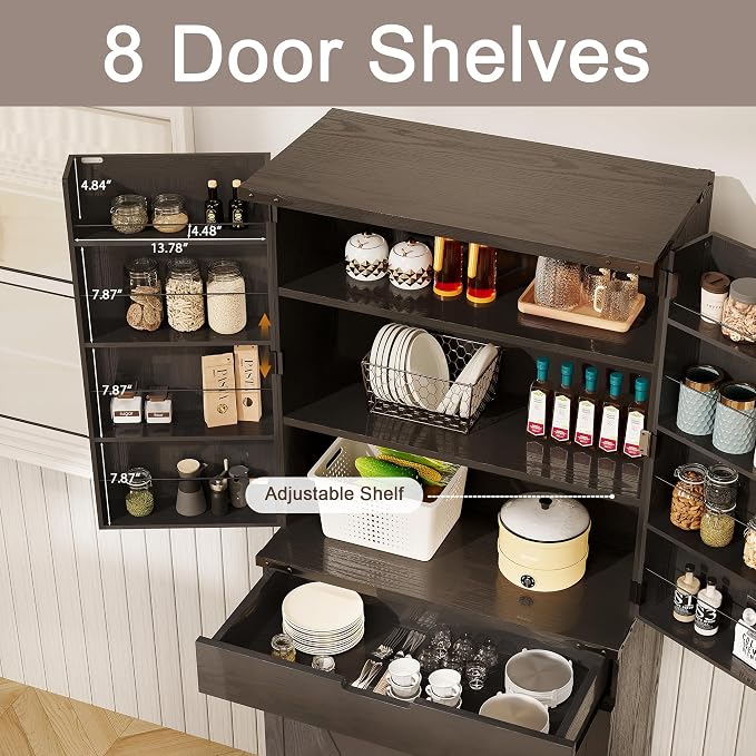 GRUSIGN 72" Kitchen Pantry Storage Cabinet with Doors and Shelves, Wood Farmhouse Pantry Storage with Barn Doors for Kitchen, Dining Room, Living Room, Dark Brown