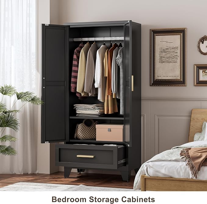QINPTWUT 71" Tall Metal Wardrobe with Doors, Hanging Rod & Adjustable Shelf, Freestanding Steel Armoire for Bedroom Home Office, 1-Drawer Black