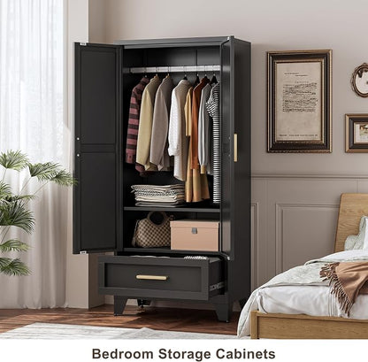 QINPTWUT 71" Tall Metal Wardrobe with Doors, Hanging Rod & Adjustable Shelf, Freestanding Steel Armoire for Bedroom Home Office, 1-Drawer Black
