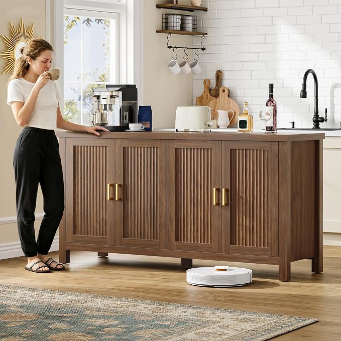 Buffet Cabinet with Storage, 55" Fluted Sideboard Cabinet with 4 Adjustable Shelves, Modern Coffee Bar with 4 Doors, Coffee Bar Cabinet for Kitchen, Living Room, Walnut