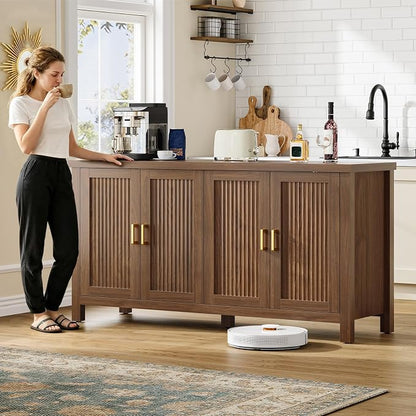 Buffet Cabinet with Storage, 55" Fluted Sideboard Cabinet with 4 Adjustable Shelves, Modern Coffee Bar with 4 Doors, Coffee Bar Cabinet for Kitchen, Living Room, Walnut