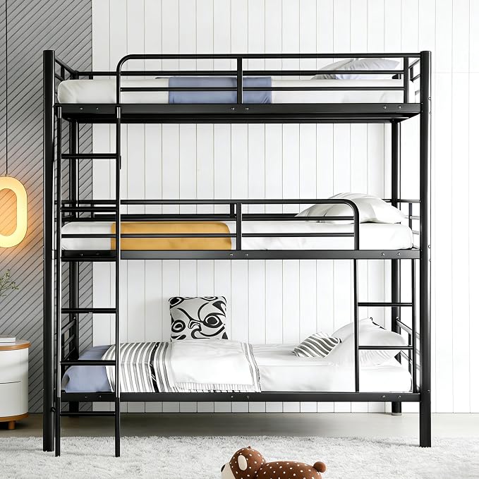 Metal Triple Bunk Bed,Twin Over Twin Bunk Bed for 3, 3 Beds with Guardrail and Ladder, Heavy Duty Triple Bed Frame Suitable for Teenagers/Adults, No Box Spring Needed (Black D)