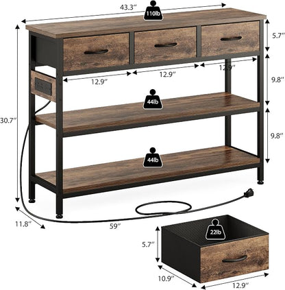Lulive Entryway Table with Outlets, 3 Fabric Drawers, 43 in Console Table | 43.3"W x 11.8"D entry table with 2 outlets, 2 USB ports, swappable plug side, adjustable feet and anti-tip kit.