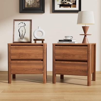 Furniway Walnut Nightstand Set of 2, Mid Century Modern Bedside Table with 2 Drawers, Hidden Handles and Solid Wood Legs for Bedroom