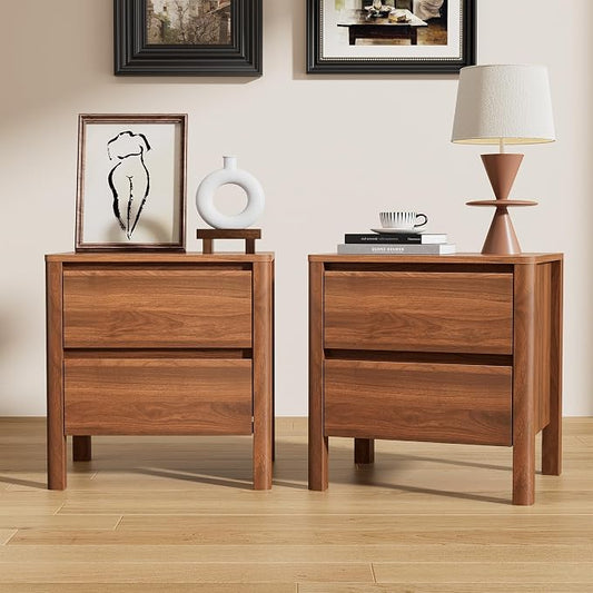 Furniway Walnut Nightstand Set of 2, Mid Century Modern Bedside Table with 2 Drawers, Hidden Handles and Solid Wood Legs for Bedroom