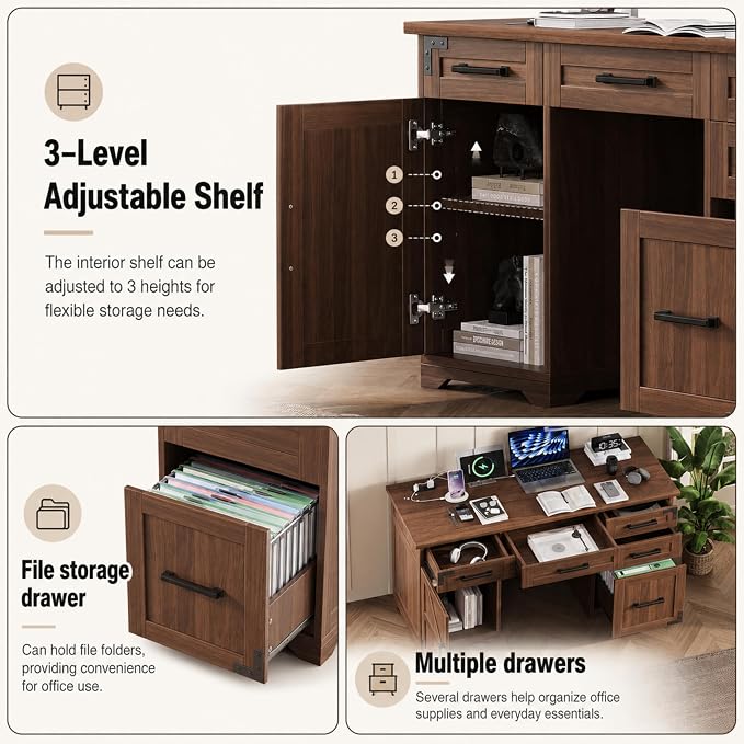 LUMISOL 55” Farmhouse Executive Desk with Charging Station and Power Outlet, Computer Desk with 5 Drawers and Cabinet, Rustic Wood Writing Study Table with File Drawer, Walnut