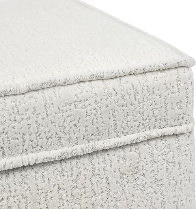 Adeco 17 Inch High Faux Fur White Cube Ottoman Storage, 3D Embossed Velvet Chair Foot Stools, Upholstered Vanity Stool with Hinged Lid, Solid Round Wood Legs