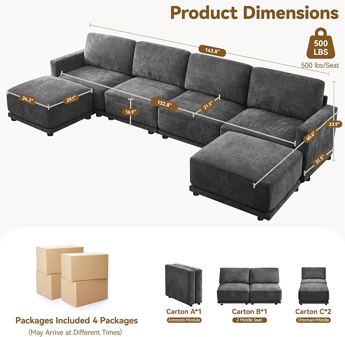 143.8" Modular Sectional Sofa Modern Chenille U Shaped Couch with Thickened Seat Cushions, Easy Assembly, Upholstered 6 Seater Couch with 2 Movable Ottomans for Living Room, Grey