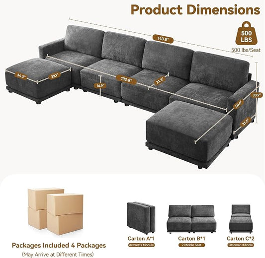 143.8" Modular Sectional Sofa Modern Chenille U Shaped Couch with Thickened Seat Cushions, Easy Assembly, Upholstered 6 Seater Couch with 2 Movable Ottomans for Living Room, Grey