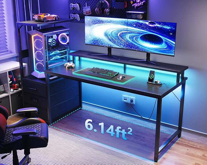 AODK 59 Inch Gaming Desk with LED Light- Reversible Computer Desk with Storage Shelves & Monitor Stand, Fabric Drawers Fits Compact PC Towers, Black