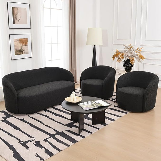 KINWELL 68" Boucle Upholstered Loveseat Sofa with Set of 2 Swivel Barrel Accent Chairs, Minimalist Comfy 2-Seater Couch and 2 Sherpa Armchairs for Small Spaces Apartment, Black