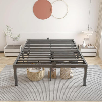 ROIL 14 inch Metal Queen Bed Frame with Rounded Corner and Headboard Hole Mattress Retainers 3500LBS Heavy Duty Steel Slats No Box Spring Needed Platform Noise-Free Easy Assembly