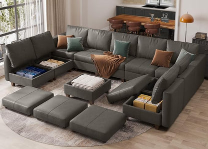 EASE MOOSE Faux Leather Sectional Modular Sofa with Storage,Comfortable Faux Leather Modular Sectional Couch for Living Room,Grey