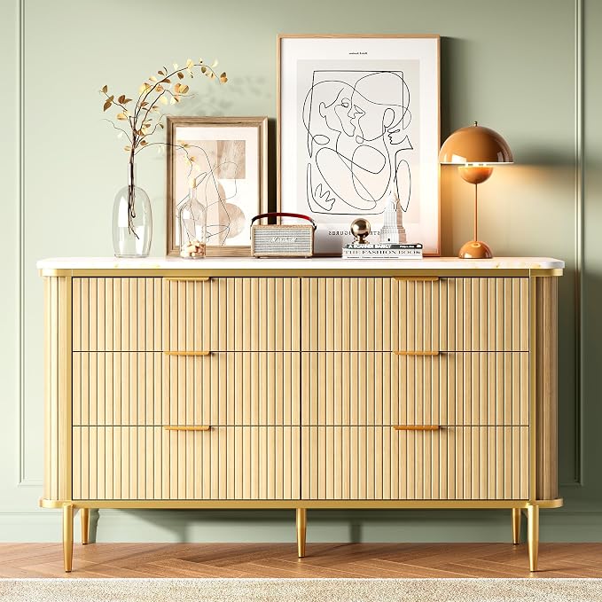 Fluted 6 Drawers Dresser for Bedroom, 55" Wide Modern Vertical Chest with Faux Marble Top, Dresser TV Stand, Wood Drawer Organizer for Living Room, Hallway