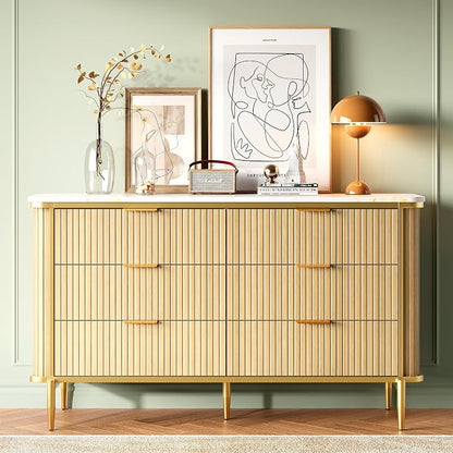 Fluted 6 Drawers Dresser for Bedroom, 55" Wide Modern Vertical Chest with Faux Marble Top, Dresser TV Stand, Wood Drawer Organizer for Living Room, Hallway