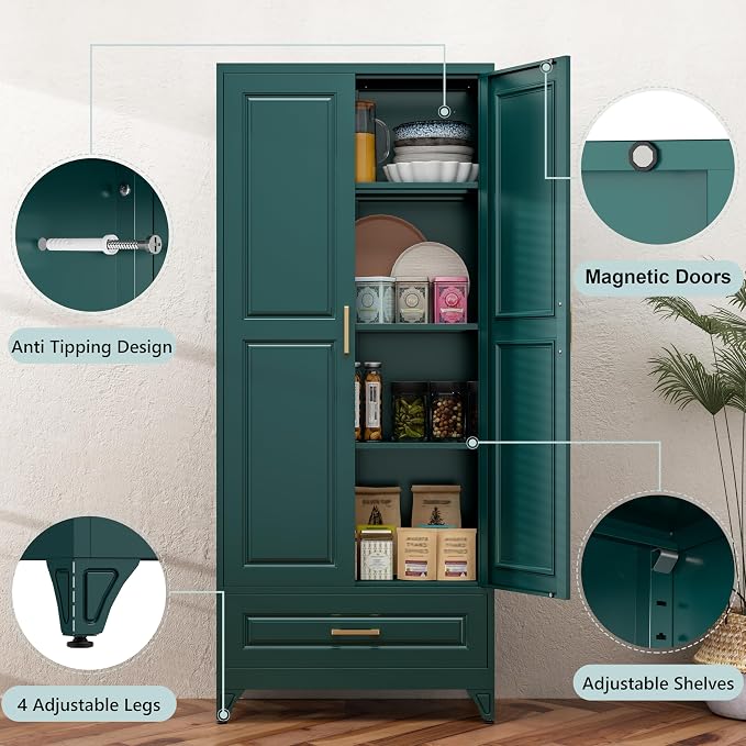 75” Kitchen Pantry Storage Cabinet,Metal Tall Storage Cabinet with Drawers and Adjustable Shelves,Modern Kitchen Hutch Cabinets,Freestanding Cupboard for Living Room,Green