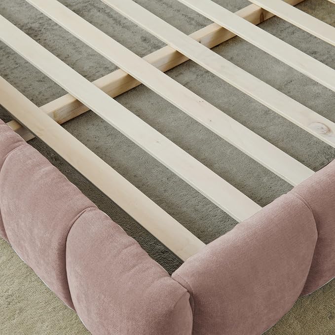 KEIKI California King Thick Chenille Platform Bed Frame with Upholstered Tufted Headboard, Modern Solid Wood Floor Platform for Bedroom, No Box Spring Needed