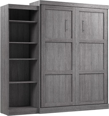 Bestar Pur Queen Murphy Bed with Shelving Unit, 90-inch Space-Saving Sleeping Arrangement for Multipurpose Room in Bark Grey