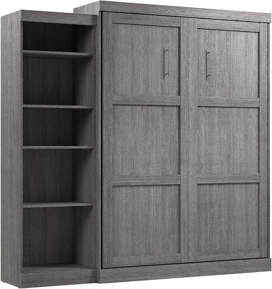 Bestar Pur Queen Murphy Bed with Shelving Unit, 90-inch Space-Saving Sleeping Arrangement for Multipurpose Room in Bark Grey