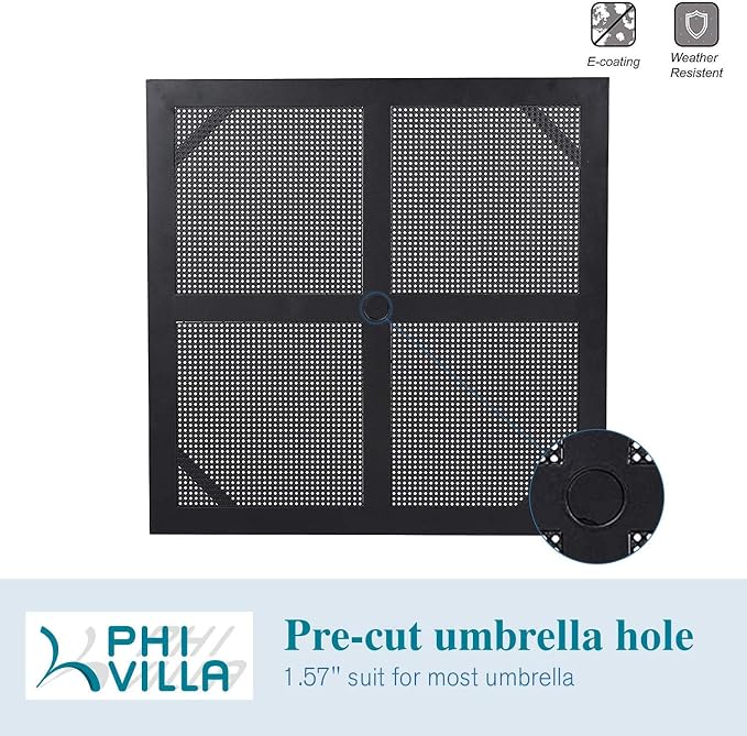PHI VILLA 5 Pieces Outdoor Dining Set for 4, 37” Black Square Metal Steel Table with Mesh Top & Stackable Wrought Iron Chairs, Outside Furniture Set for Patio, Deck, Backyard, Porch