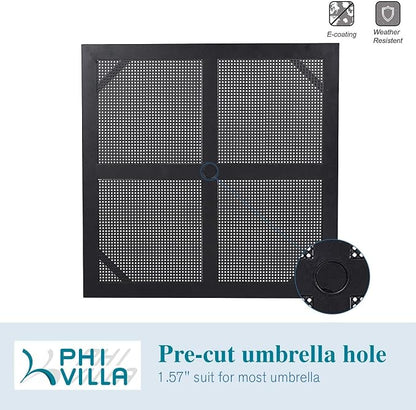 PHI VILLA 5 Pieces Outdoor Dining Set for 4, 37” Black Square Metal Steel Table with Mesh Top & Stackable Wrought Iron Chairs, Outside Furniture Set for Patio, Deck, Backyard, Porch