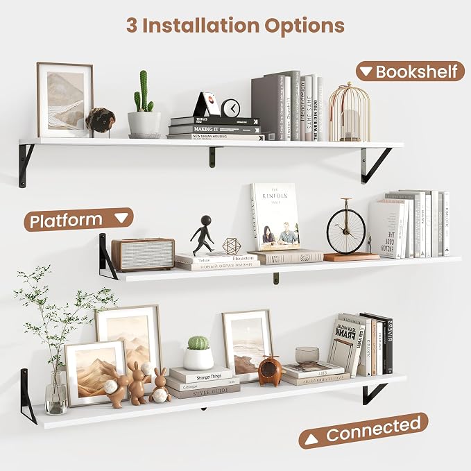 Axeman 48 Inch Floating Shelves | 8 Inch Deep White Wall Shelves Set of 2 | 47.3" W x 8" D Rustic White Wood Shelves for Bathroom Kitchen Living Room