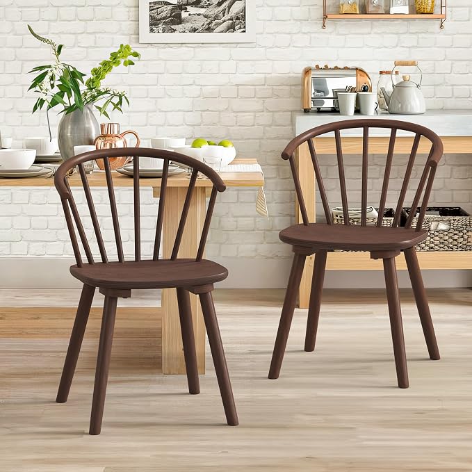 LUE BONA Walnut Dining Chairs Set of 2, Farmhouse Wood Dining Chairs with Semicircular Backrest, Spindle Dining Chair for Kitchen and Dining Room, 18 Inch