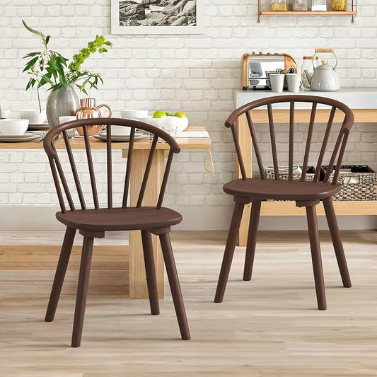 LUE BONA Walnut Dining Chairs Set of 2, Farmhouse Wood Dining Chairs with Semicircular Backrest, Spindle Dining Chair for Kitchen and Dining Room, 18 Inch