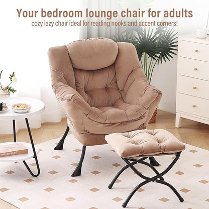 Furlide Lazy Chair with Ottoman, Modern Accent Chair with Armrests and a Side Pocket, Velvet Khaki Accent Chairs, Reading Chairs, Oversized Armchairs for Bedroom, Study, Living Room, Courtyard