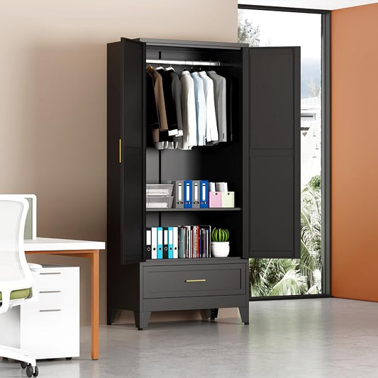 71" Metal Armoire Wardrobe Closet with 1 Drawer, Steel Wardrobe Cabinet with Adjustable Shelves & Hanging Rod and 2 Doors, Black Clothing Storage Cabinet for Bedroom