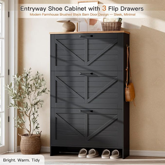 Nicetree Barn Door Shoe Cabinet for Entryway, 3 Flip Drawers Ultra Slim Shoe Storage Cabinet, 3-Tier Adjustable Shelves Shoe Organizer, Narrow Shoe Rack for Small Spaces