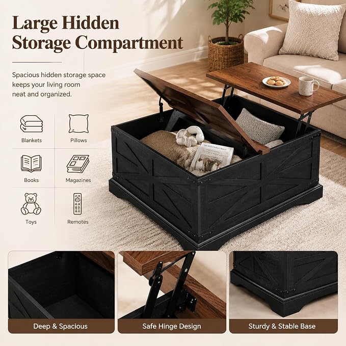 JXQTLINGMU Farmhouse Lift-Top Coffee Table with Large Storage, 36" Square Wood Living Room Table with Hidden Compartment and Raised Dining Surface, Black and Brown
