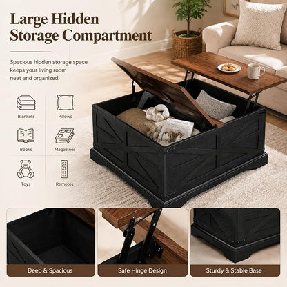 JXQTLINGMU Farmhouse Lift-Top Coffee Table with Large Storage, 36" Square Wood Living Room Table with Hidden Compartment and Raised Dining Surface, Black and Brown
