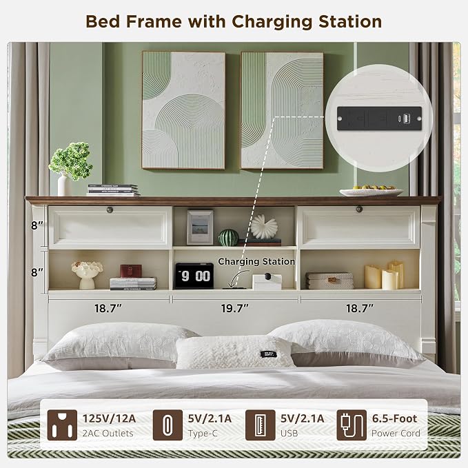 Farmhouse Queen Size Bed Frame with 54" Tall Storage Bookcase Headboard, Wood Platform Bed Frame with 2 Drawers & 18" Tall Roman Column Decoration Footboard, No Box Spring Needed(Antique White)