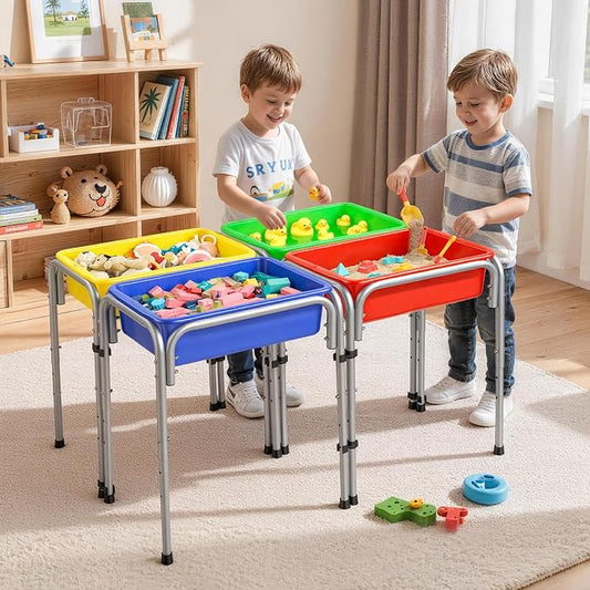 VEVOR Sensory Table for Toddlers, Kids 4-Station Sand and Water Adjustable Play Table with Detachable Storage Bins and Non-Slip Feet, Carbon Steel Frame, Rounded Corners, for Boys and Girls Exploring
