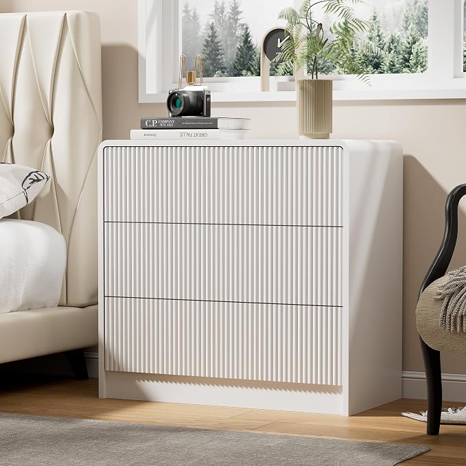 Furniway White Nightstand with 3 Drawers, 32" Modern Bedside Table with Storage, Large Night Stand for Bedroom
