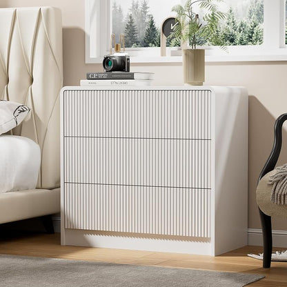 Furniway White Nightstand with 3 Drawers, 32" Modern Bedside Table with Storage, Large Night Stand for Bedroom