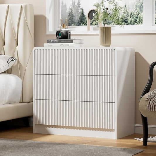 Furniway White Nightstand with 3 Drawers, 32" Modern Bedside Table with Storage, Large Night Stand for Bedroom